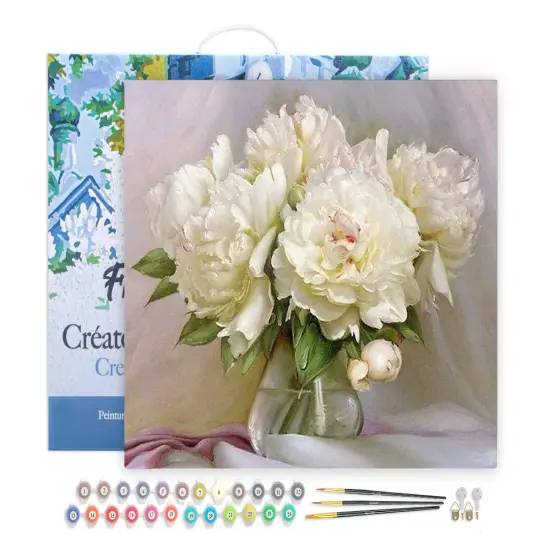 Figured'Art Paint by Numbers for Adults with Frame White Peonies 16"x20" - Craft Art Painting DIY Kit Canvas Already Stretched on a Wooden Frame {1}