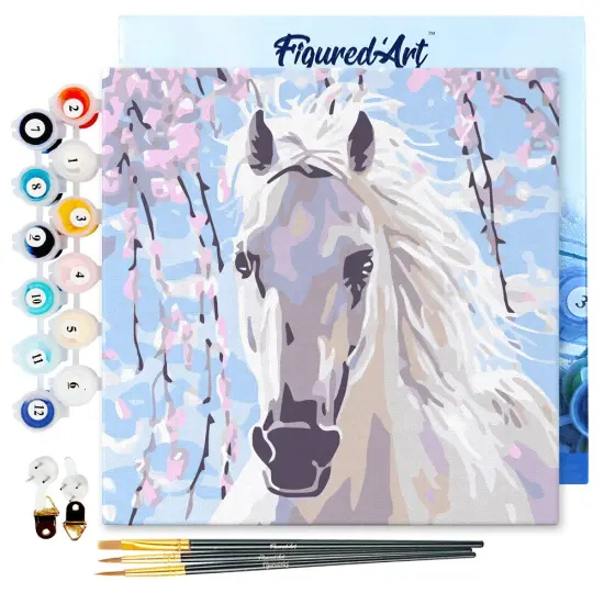 Figured'Art Mini Paint by Numbers Kit for Adults with Frame White Horse And Flowers Small format 8"x8" - Craft Art Painting DIY Canvas Already Stretched on a Wooden Frame {1}