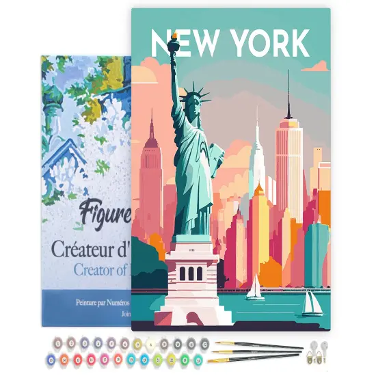 Figured'Art Paint by Numbers for Adults with Frame Travel Poster New York 16"x20" - Craft Art Painting DIY Kit Canvas Already Stretched on a Wooden Frame {1}