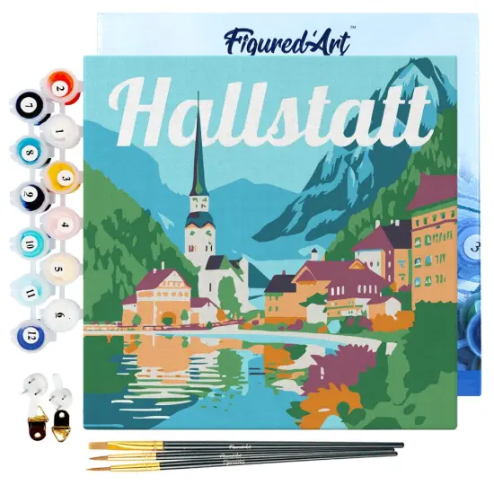 Figured'Art Mini Paint by Numbers Kit for Adults with Frame Travel Poster Hallstatt Small format 8"x8" - Craft Art Painting DIY Canvas Already Stretched on a Wooden Frame {1}