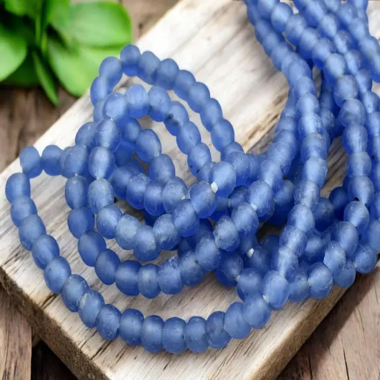 7-9mm Matte Blue African Recycled Glass Beads (18" Strand) {3}