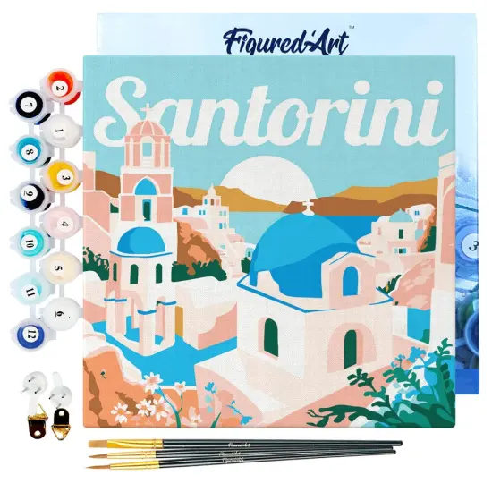 Figured'Art Mini Paint by Numbers Kit for Adults with Frame Travel Poster Santorini Sunrise Small format 8"x8" - Craft Art Painting DIY Canvas Already Stretched on a Wooden Frame {1}