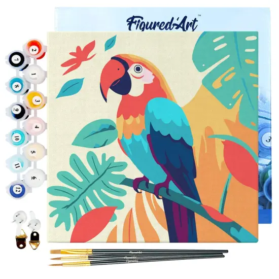 Figured'Art Mini Paint by Numbers Kit for Adults with Frame Tropical Parrot Small format 8"x8" - Craft Art Painting DIY Canvas Already Stretched on a Wooden Frame {1}