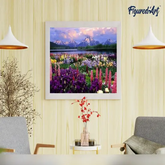 Figured'Art Paint by Numbers Kit for Adults with Frame Flowers and Lake near the Mountain 16"x20" - Craft Art Painting DIY Kit Canvas Already Stretched on a Wooden Frame {4}