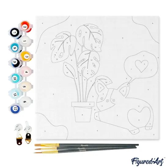 Figured'Art Mini Paint by Numbers Kit for Adults with Frame Little Puppy Loves Monstera Small format 8"x8" - Craft Art Painting DIY Canvas Already Stretched on a Wooden Frame {4}