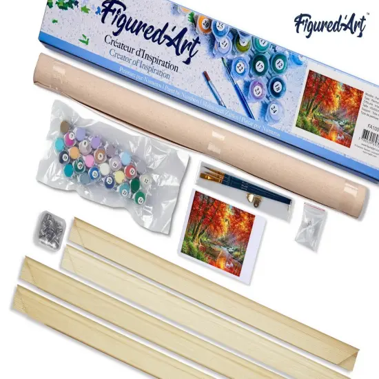 Figured'Art Paint by Numbers Kit for Adults Autumn River and Boat 16"x20" - Craft Art Painting Rolled Canvas with DIY wooden frame {5}