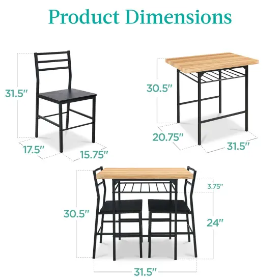 Best Choice Products 3-Piece Modern Dining Set, Square Table & Chairs Set w/ Steel Frame, Built-In Storage Rack Oak/Black {2}
