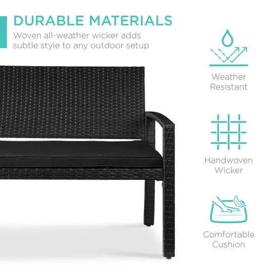 Best Choice Products 2-Person Outdoor Wicker Bench Garden Patio Porch Furniture w/ 700lb Capacity, Cushion Black/Black {5}