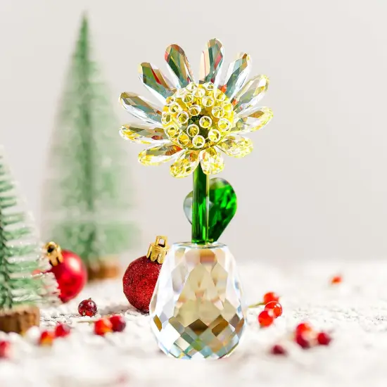 Summer Crystal Daisy Flower Figurine Ornament Paperweight Glass Flower Home Office Tabletop Decor Souvenir Gifts for Birthday Christmas {5}