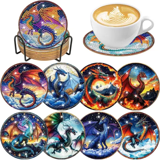 Dragon Diamond Art Coasters Kit: 8 Pcs Fantastic Dragon Diamond Painting Coasters with Holder and Cork Pads, DIY Coaster Craft Set for Adults Beginners Home Decor Gifts {1}