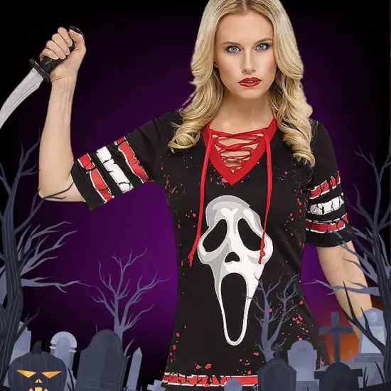 Adult Ghost Face Dress Costume Halloween V-Neck Iconic Mask Print {2}