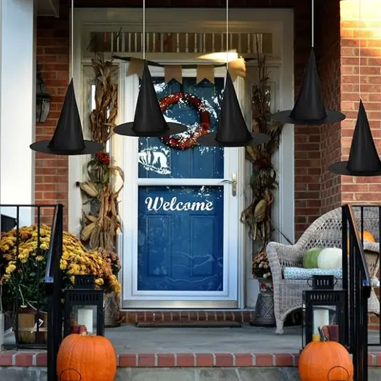 12 Pcs Halloween Black Witch Hats with Hanging Rope {3}