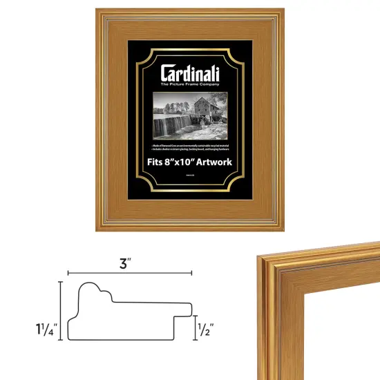 Cardinali Plein Air, Gold 8x10" Picture Frame with Acrylic Glazing & Cardboard Backing, for Photography or Canvas Frame, 3 Wide Moulding, 1/2 Rabbet Depth, D-Ring Hangers Included {4}
