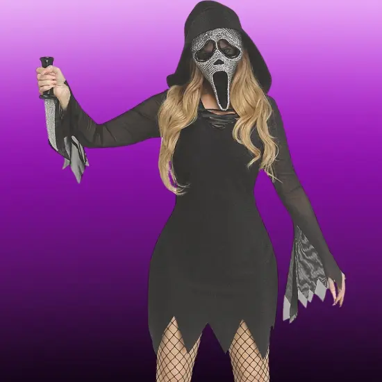 Women's Scream Ghost Face Bling Costume Halloween Sparkle Mini Dress Rhinestone Mask Scary Party Outfit {1}