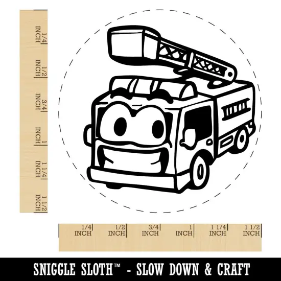 Smiling Cartoon Firetruck Vehicle Firefighter Ladder Self-Inking Rubber Stamp Black {1}