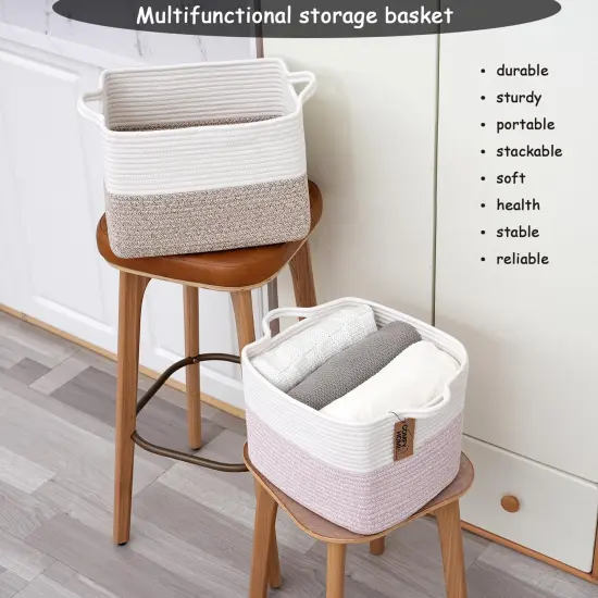 COMFY-HOMI Cotton Rope Woven Basket with Handles for Shelves,Toys,Book, Cloth Storage Baskets for Organizing-13.5" x 11" x 9.5" Toy Decorative Organizer for Living Room, Bathroom (White/Brown) {5}