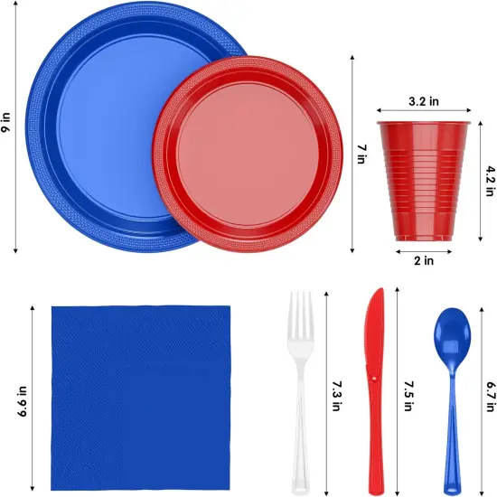 Exquisite 350 Pcs Plastic Plates for Party &ndash; Disposable Plates Set &ndash; 50 Each of 9" Dinner Plates, 7" Dessert Plates, Plastic Cups, Napkins & Plastic Cutlery &ndash; Plastic Dinnerware by Party Solids Red White & Blue {3}