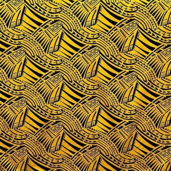 1 Yard Traditional Polynesian Pattern Polyester Foil Fabric, 100% Polyester, Reflective Tribal Design Yellow & Black {1}