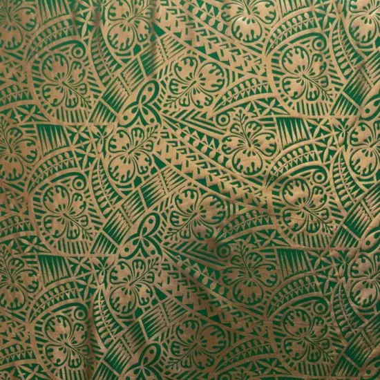 1 Yard Traditional Polynesian Tattoo Hibiscus Design Fabric, 100% Polyester Foil, 36in L x 60in W Green/Gold {2}
