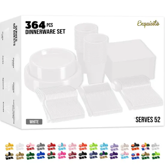 Exquisite 350 Pcs Plastic Plates for Party &ndash; Disposable Plates Set &ndash; 50 Each of 9" Dinner Plates, 7" Dessert Plates, Plastic Cups, Napkins & Plastic Cutlery &ndash; Plastic Dinnerware by Party Solids White {1}