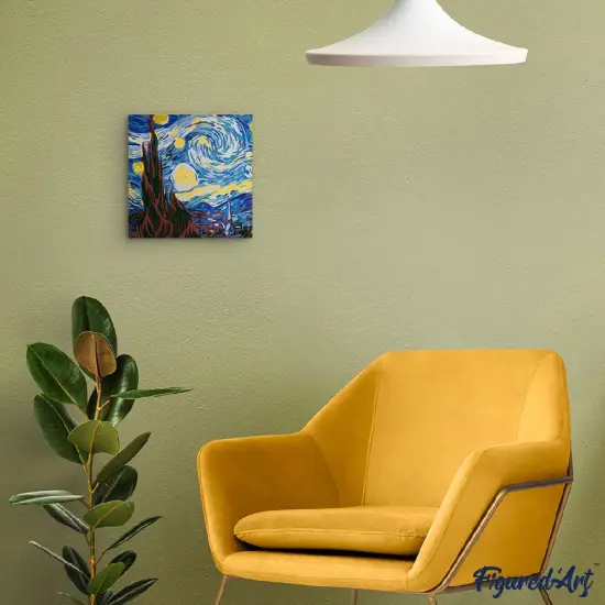 Figured'Art Mini Paint by Numbers Kit for Adults with Frame Van Gogh Starry Night Small format 8"x8" - Craft Art Painting DIY Canvas Already Stretched on a Wooden Frame {2}