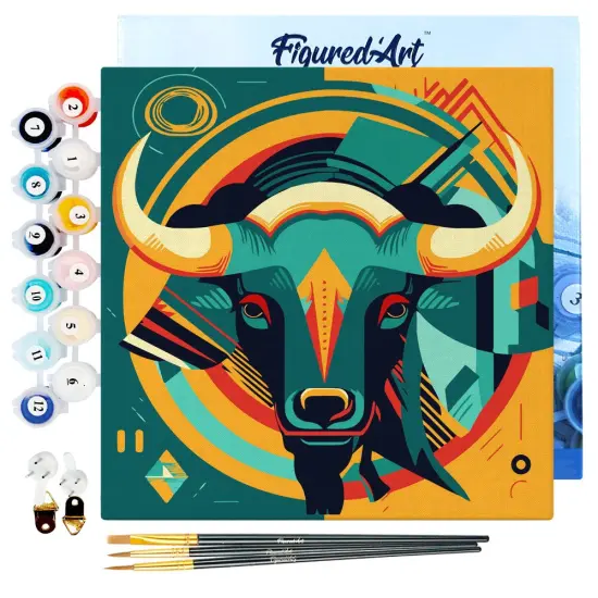 Figured'Art Mini Paint by Numbers Kit for Adults with Frame Bull Art-Deco Inspired Abstract Small format 8"x8" - Craft Art Painting DIY Canvas Already Stretched on a Wooden Frame {1}