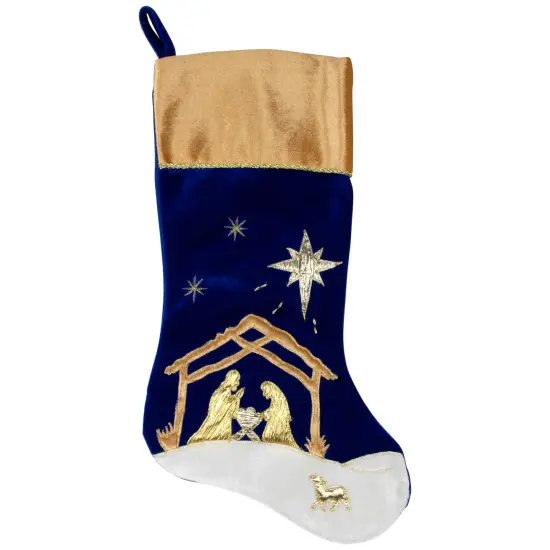 Northlight 20.5" Blue and Gold Nativity Scene Christmas Stocking with Gold Cuff {3}