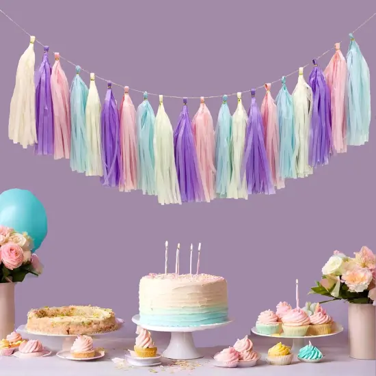 Pastel Rainbow Colorful Tissue Paper Tassel Garland,Tissue Tassel Banner for Party Decorations,Pack of 20 {5}