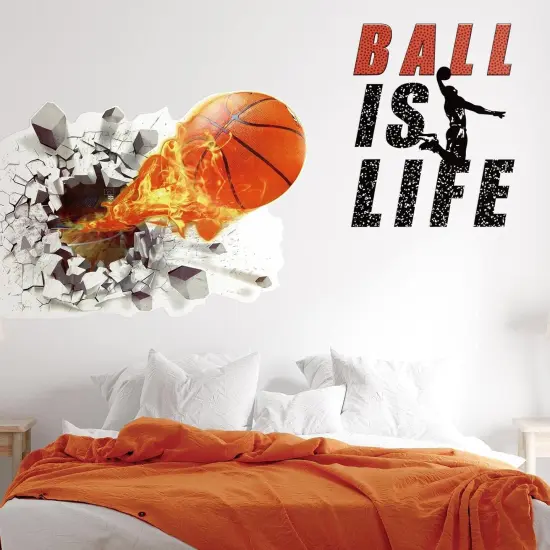 Basketball Wall Decor 18 x 38 Inch 3D Self Adhesive Removable Basketball Wall Decal Stickers for Boys Bedroom Ball is Life Vinyl Dunk Silhouette Sticker Room Decor {1}