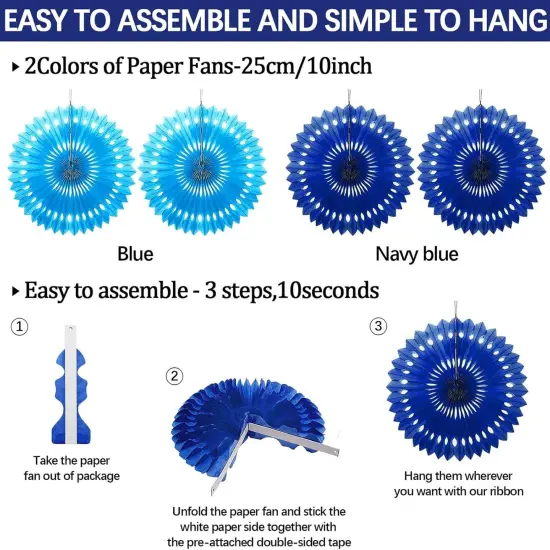 Navy Blue Birthday Party Decoration, 24Pcs Hanging Paper Fans, Pom Poms Flowers, Garland String Polka Dot, Happy birthday Banner and Triangle Bunting Flag Packs for Birthday Parties,and Baby Shower {3}