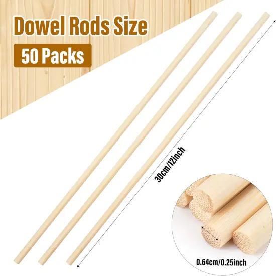 50Pcs Wooden Dowel Rods 1/4 x 12 Inch Wood Sticks for Crafts, Precut Wooden Rod Sticks Natural Wood Dowels for Craft and DIY Projects, Cake Dowels Hardwood Craft Dowel Rods {2}