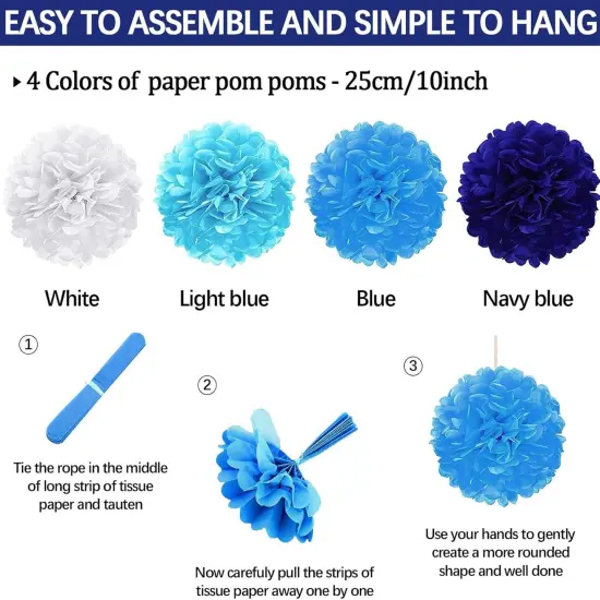 Navy Blue Birthday Party Decoration, 24Pcs Hanging Paper Fans, Pom Poms Flowers, Garland String Polka Dot, Happy birthday Banner and Triangle Bunting Flag Packs for Birthday Parties,and Baby Shower {5}