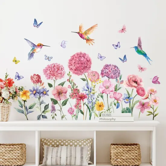 Pink Flowers Wall Sticker Peel and Stick Plant Floral Wall Decal DIY Removable Butterfly Bird Wall Art Murals Watercolor Daisy Flower Wall Sticker for Bedroom Princess {1}