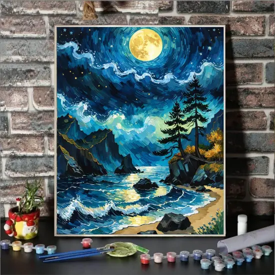 Seaside Scenery Paint by Numbers Kit for Adults Beginner Moon Adult Paint by Number Kits On Canvas Adults Beach Night View Oil Painting Kits for Gift Home Wall Decor 16x20 Inch {2}