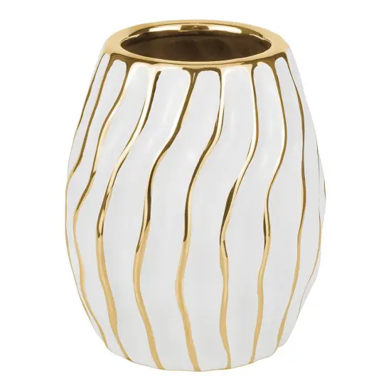 White Porcelain Short Vase with Gold Wavy Design By Kinor Decor {1}