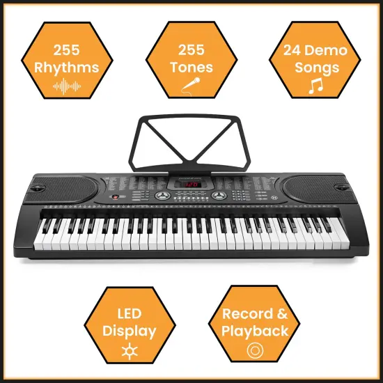 Hamzer 61-Key Electronic Piano Electric Organ Music Keyboard with Stand, Microphone, & Sticker Sheet - Black {2}