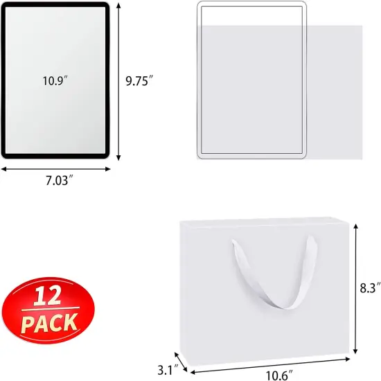 12 Pack White Gift Bags with Ribbon Handles, Medium Size, Reinforced Bottom {2}