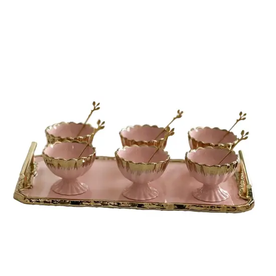 Porcelain Dessert Mugs with Tray White / Silver {3}