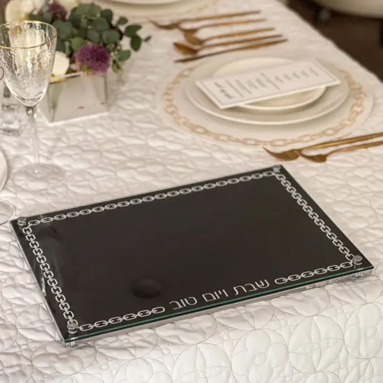 Glass Challah Board with Chain Design Embroidered Black Leatherette Gold Embroidery {3}