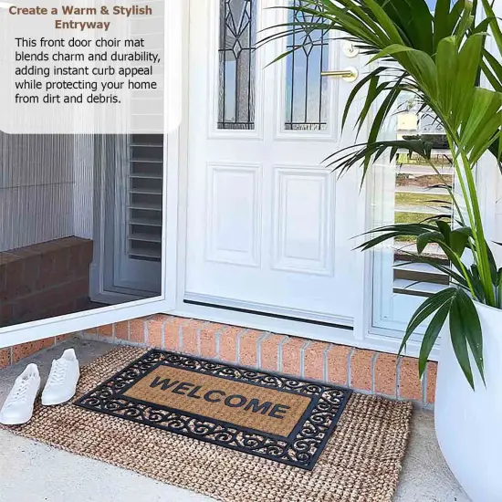 Gardenised Heavy Duty Coco Coir Doormat Non Slip PVC Baking Embossed Welcome Design Natural Coconut Fiber Floor Mat for Front Door Porch Patio Entryway Garage Mudroom & Outdoor Use 18x30" Warm Welcome {2}