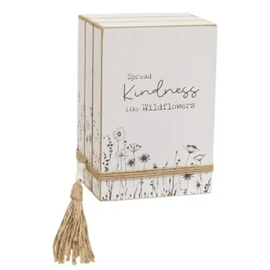 Spread Kindness Like Wildflowers Wooden Book Stack Distressed White Finish with Sketched Wildflowers {1}