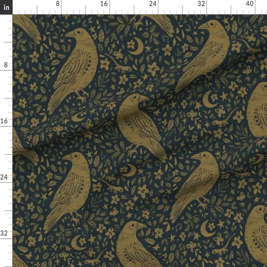 Various Fabrics by the Yard or Fat Quarter Dark Raven Gothic Floral Crow Corvid Witchy Boho Crescent Moon Lunar Cycle Faded Gold Custom Printed Fabric by Spoonflower {1}