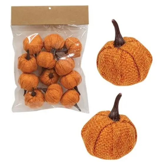 Orange Fabric Burlap Pumpkins Set of 12 with Twisted Stem, Fall Decor {1}