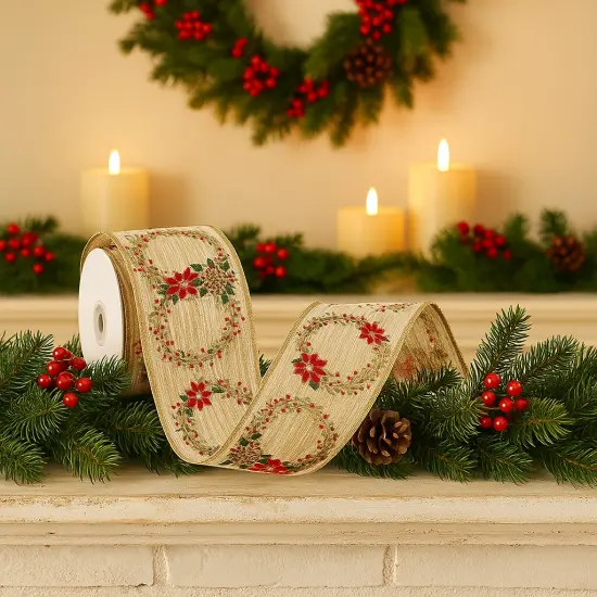 Designer&rsquo;s Shop WR 63-5215 2.5" x 10 Yards Christmas Wreath Wired Edge Ribbon &ndash; Gold Glitter Pinecones, Red Poinsettias & Holiday Garland {5}