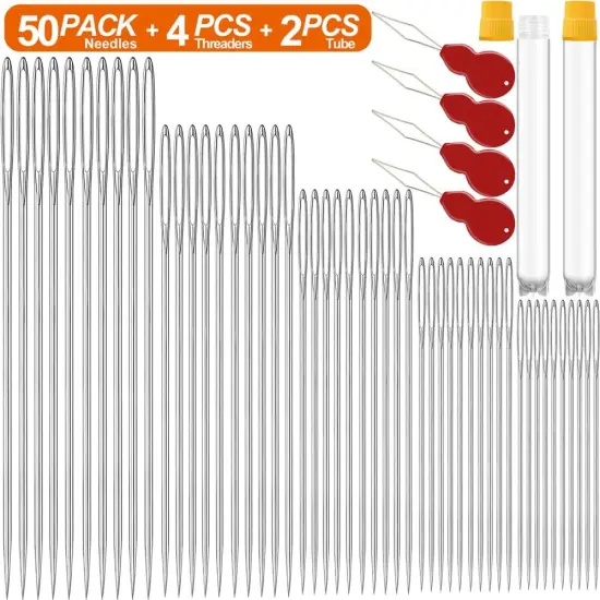 50 Pack Premium Large Eye Needles for Hand Sewing with 4 Needle Threaders, Assorted Sizes, Embroidery Needles for Hand Sewing, Sewing Needles Large Eye, Big Eye Needle {3}