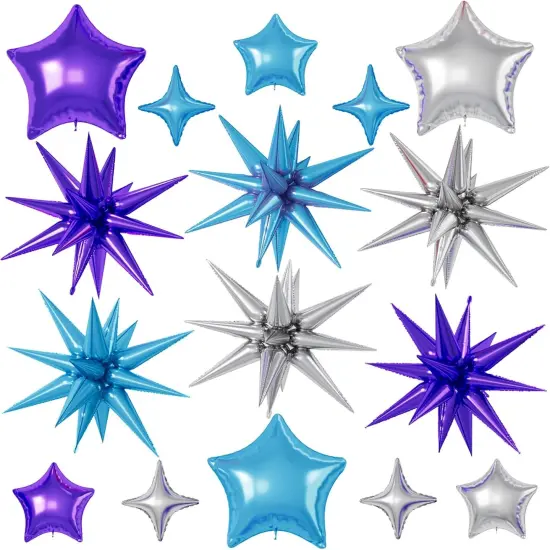 Blue Purple Silver Star Balloons, 16 Pcs 22/18/10 Inch Star Foil Mylar Balloons, Explosion Cone Four-Pointed Balloon for Boy Men Birthday Graduation Wedding Baby Shower Galaxy Space Party Decorations {1}