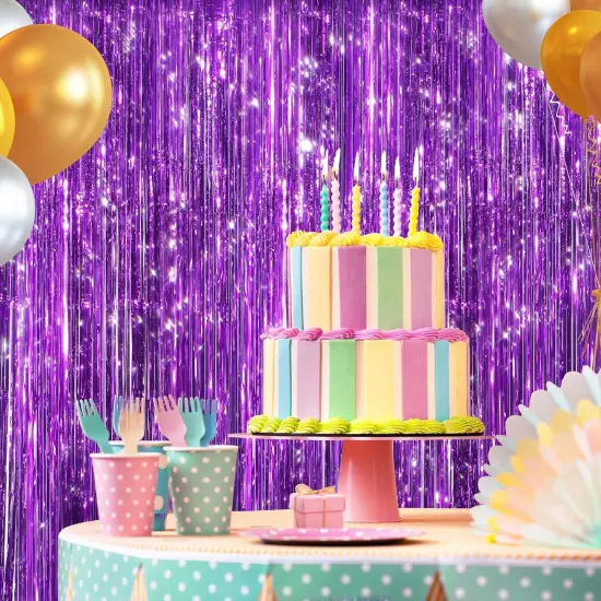 2 Pack Purple Metallic Tinsel Foil Fringe Curtains, Door Streamers Photo Booth Backdrop for Birthday Party, Tinsel Curtain Backdrop for Baby Shower Bachelorette Christmas Party Decorations {5}