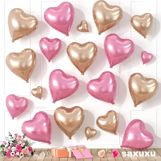 Rose Gold Pink Heart Balloons, Heart Shaped Ballons, 20 Pcs 5/10/18 inch Rose Pink Foil Love Balloons for Valentine's Day Decorations Wedding Engagement Bridal Showers Anniversary Celebrations {1}