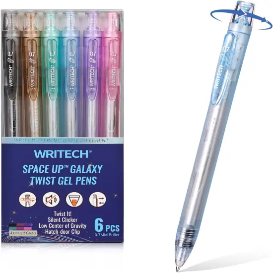 Twist Gel Ink Pens: Multicolor Medium Point 0.7mm 6ct Low Center of Gravity Rotatable Pen No Smear Silent Click Space Up Gel Galaxy {1}