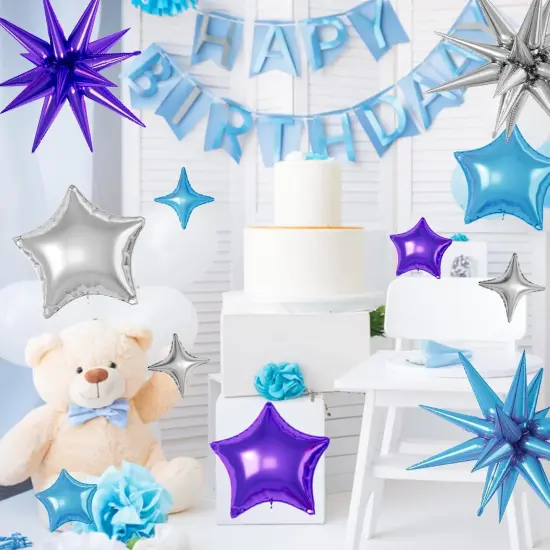 Blue Purple Silver Star Balloons, 16 Pcs 22/18/10 Inch Star Foil Mylar Balloons, Explosion Cone Four-Pointed Balloon for Boy Men Birthday Graduation Wedding Baby Shower Galaxy Space Party Decorations {4}